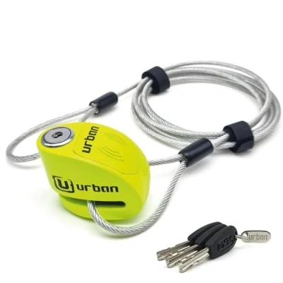 Imagen de Urban UR906X5L Candado Moto Disco Alarma y Cable Extensión Seguridad 2m, 120db ON/Off, Módulo Remplazable Impermeable, Antirrobo Pinza Freno Universal Motos Scooters Bicicletas Patinetes