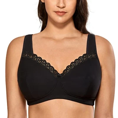 Imagen de DELIMIRA Sujetador Algodón de Copa Completa Floral sin Aros Relleno para Mujer Negro 105F