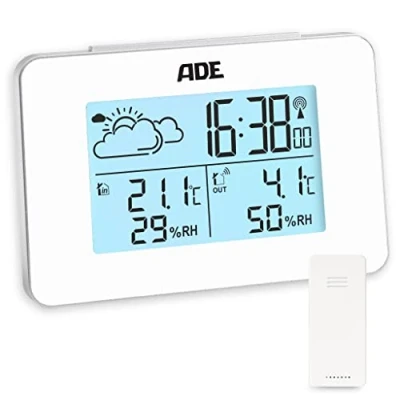 Imagen de ADE Estación meteorológica digital radiocontrolada con sensor exterior temperatura interior y medidor de humedad previsión animada despertador blanco