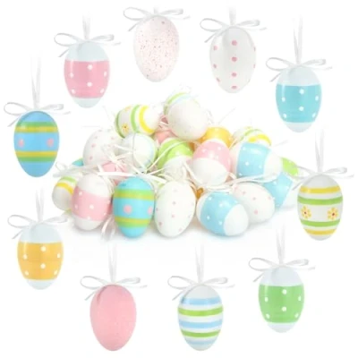 Imagen de com four® 36x Huevos de Pascua Pintados a Mano para Colgar Decoraciones en Colores Pastel con Diseños Geniales y Cuerda