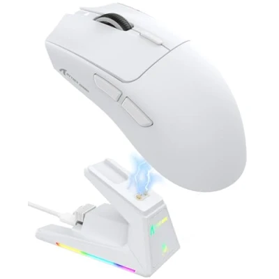Imagen de ATTACK SHARK X1 Ratón para Juegos con Base de Carga Magnética, Sensor PixArt PAW3395PRO, 40000DPI, Bluetooth/2,4G Wireless/Wired, 53g Superligero, Microinterruptores 100M PC/Xbox/Mac (Blanco)