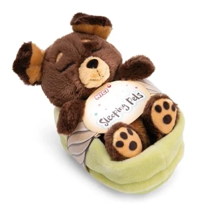 Imagen de NICI Peluche perro marrón 12cm, durmiendo en la cesta para abrazar y amar Producido sosteniblemente a partir de materiales reciclados 49748