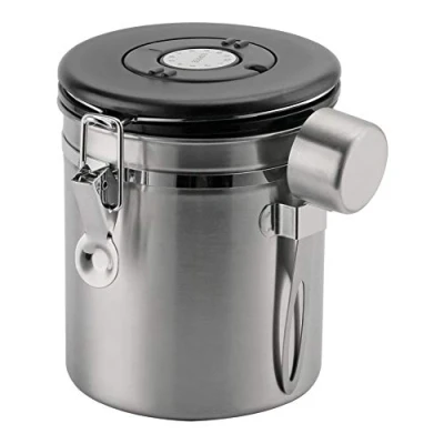 Imagen de café Olé Bote Recipiente Acero Inoxidable para Almacenamiento de Granos molido, 500 g, Esfera Seguimiento día/Fecha, Cuchara medición, Sello hermético al vacío, Plata