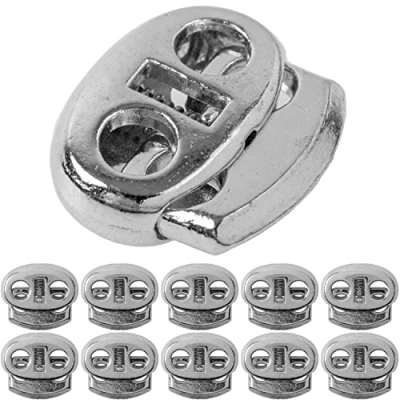 Imagen de Tapones de cordón metal, con apertura 2 agujeros, 10 unidades, hasta 4 mm diámetro, plateado, abrazadera cinta para chaqueta, ropa deportiva, mochila, tope goma