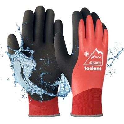Imagen de OriStout guantes de trabajo para hombre y mujer, pantalla táctil, resistentes al agua, térmicos invierno, jardinería clima frío, rojo, XL