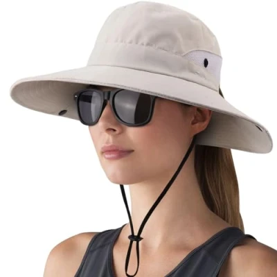 Imagen de DRESHOW Mujer Sol Sombrero Al aire Libre UV Protección Plegable Ala Ancha Pesca Ponytail Playa Bucket Sombreros con Gafas
