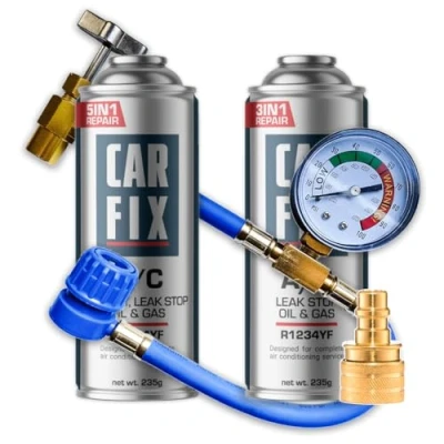 Imagen de gas r1234yf para coche, refrigerante r1234yf, sellador aire acondicionado 1 lata de 5en1 y 3en1 235 g, manguera con manómetro, adaptador
