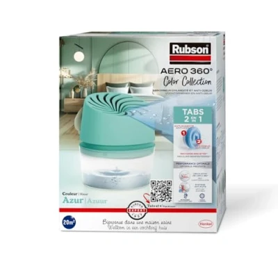 Imagen de Rubson Absorbedor de humedad Aero 360 Color Azur (1 dispositivo + 1 recarga 450g) antihumedad para habitaciones hasta 20 m² Deshumidificador aire antiolor y antimoho