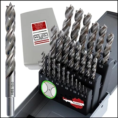 Imagen de WELIQU Juego de brocas para madera (25 piezas, 1 13 mm, dura y blanda). Atención: muy afiladas acero HSS G resistente en incrementos 0,5 mm