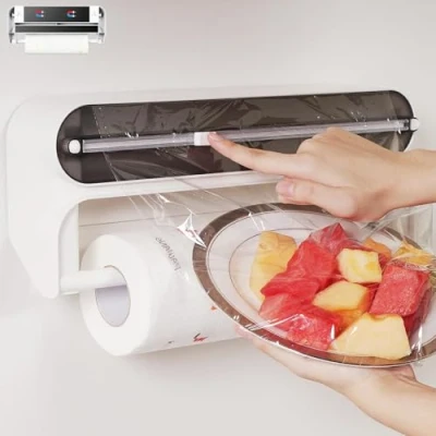 Imagen de Quasziwa Dispensador Papel Aluminio y Film con Porta Rollos de Cocina 2 en 1 Portarollos Pared, Diseño magnético fácil Instalar Ahorra Espacio, Incluye 50m, Negro