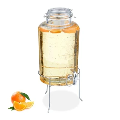 Imagen de Relaxdays Dispensador de Bebidas con Soporte, Recipiente Limonada 8 L, Grifo, Cierre Pinza, Cristal, Transparente