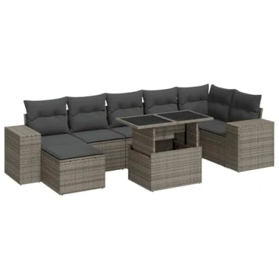 Imagen de vidaXL Set de Sofás Jardín con Cojines 8 pzas, Mesa y Asientos Modulares, Conjunto Muebles para Terraza Patio, Ratán Sintético Gris