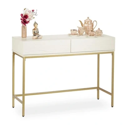 Imagen de Relaxdays Consola Recibidor, 2 Cajones, Sideboard, Mesita Pasillo, Salón, Madera y Metal, 80x110x40 cm, Blanco Dorado, Acero, 1 Unidad
