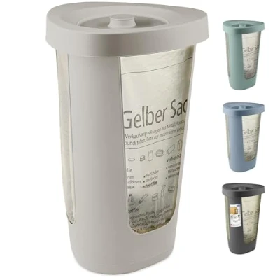 Imagen de Rotho Fabu Soporte para bolsas de basura Bolsa amarilla con tapa, Plástico (PP reciclado), capuchino, (40.0 x 40.0 62.1 cm)