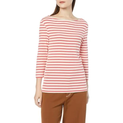 Imagen de Amazon Essentials Camiseta Lisa y Entallada de Manga 3/4 con Escote Barco Mujer, Naranja Coral Blanco Roto Rayas, L