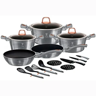 Imagen de Berlinger Haus Moonlight Batería Cocina Inducción, Mármol sin PFOA, 3 Cazuelas, Tapas Cristal, 2 Sartenes, Cuchillos, 4 Utensilios, Salvamanteles, Gris