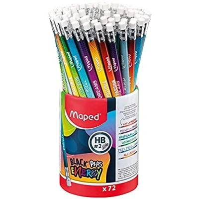 Imagen de Maped Lápices de Grafito Colección Black Peps Energy Bote con 72 Lapiceros Madera Goma Borrar Diseño Lúdico Decorado Mensajes Minas Resistentes 6 Colores