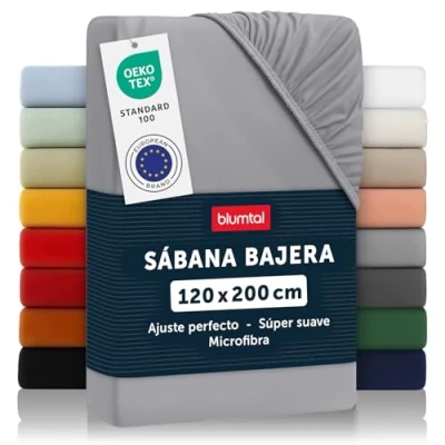 Imagen de Blumtal Basics Sábana Bajera Ajustable de Microfibra Cepillada para colchón 25 27 cm Altura, Cama 120: 120 x 200 30cm, Gris