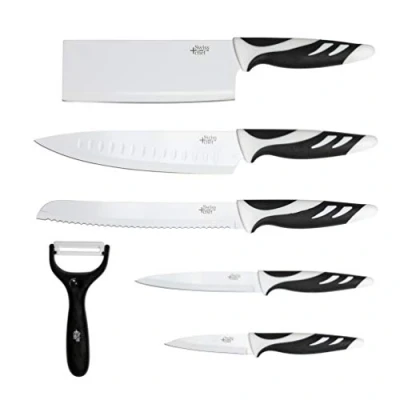 Imagen de Cecotec Set de cuchillos Swiss Chef. Hoja 2,5 mm grosor, Empuñadura con insertos silicona, Recubrimiento antiadherente cerámico, Blanco y Negro, Presentados en estuche
