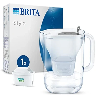 Imagen de BRITA Jarra filtrante estilo gris (2,5 l) incl 1 cartucho filtro agua grifo MAXTRA PRO All in reducido PFAS*,piedra caliza, cloro, algunas impurezas y metales indicador tiempo volumen vertido
