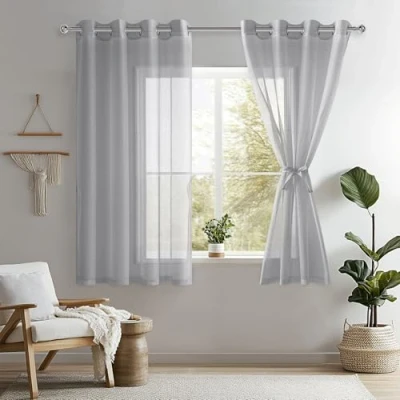 Imagen de DWCN Cortinas de Gasa poliéster, Juego 2 Unidades, con Ojales, Transparentes para balcón, Gris, 137 x 140 cm (Alto Ancho)
