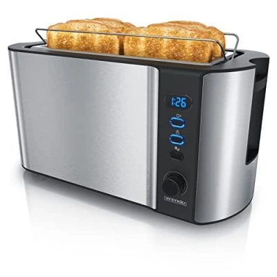 Imagen de Arendo Tostadora 4 rebanadas con ranuras largas 1500 W 6 niveles Pantalla indicadora Descongelación y calentamiento Soporte panecillos Bandeja de migas Doble pared Acero inoxidable