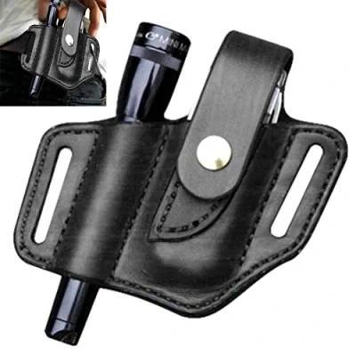 Imagen de LINONI EDC Funda de cuero táctico multifunción cinturón linterna bolsa multiherramienta almacenamiento para acampar al aire libre herramienta negro/marrón