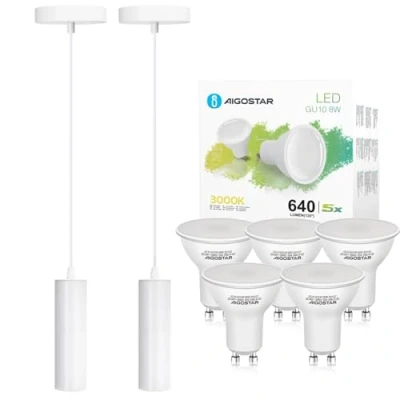 Imagen de Aigostar Lámpara de Techo GU10 blanca moderna, Colgante cilíndrica 20 cm, Foco Metal Tubo. Pack 2 Uds. Contiene 5 bombillas 3000K