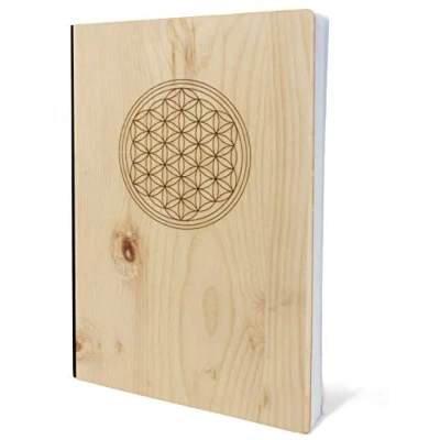 Imagen de cuaderno con cubierta de madera en A5, flor la vida, pino auténtico, tapa madera, 192 páginas blanco, 90 g