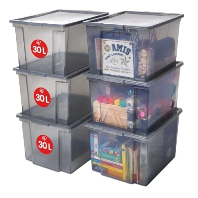 Imagen de Iris Ohyama 6 Cajas de Almacenaje Plástico Versátiles con Tapa, 30L, Gris, Cierre fácil, Apilable, Duradero, para Armario, Estante, Aula, Organizadora, Ropa, Zapatos, Libre BPA, USB M