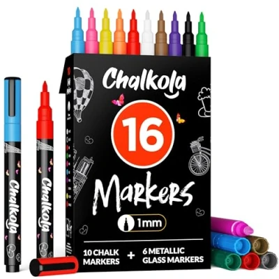 Imagen de Chalkola Rotuladores de Tiza Extra Finos para Pizarra y Cristal (Pack 16, Punta 1mm) Marcadores Ventanas, Líquida Blanca, Espejos, Coche Borrables
