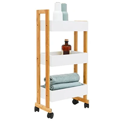 Imagen de DuneDesign Carrito Auxiliar con Ruedas Bambú 38x20x80 Mini Estanteria 20 cm Ancho Extraible Almacenamiento para Despensa Cocina Mueble Baño Estrecho