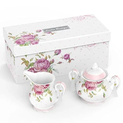 Imagen de London Boutique Tetera grande de leche, azucarero, juego té la tarde, teteras, nuevo hueso, porcelana, caja regalo, 1300 ml (jarra azucarero)