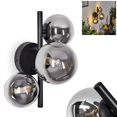 Imagen de lámpara de pared Chehalis, metal/cristal en negro/humo, diseño moderno, con pantallas redondas cristal, 1 luz, 3 x G9, sin bombilla(s)