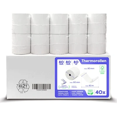 Imagen de SWIPARO papel térmico 80x80 Rollo para impresora termica Rollos de tickets 80mm 80x80x12 caja registradora negocio y bar (40 ud.)