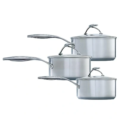 Imagen de Circulon SteelShield Juego de 3 cacerolas acero inoxidable aptas para inducción 16/18/20 cm con tapas vidrio antiadherentes híbridas, asas que se mantienen frías, utensilios cocina aptos