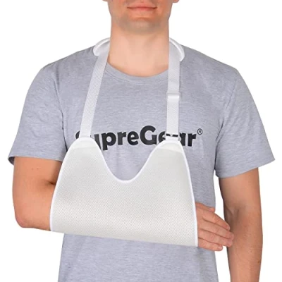 Imagen de supregear Brazo Eslinga, Inmovilizador de Hombro Malla Ajustable para Ducha Soporte Médico Transpirable el Codo del Mujeres Hombres, se Adapta al Izquierdo / Derecho, Blanco