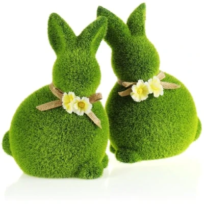 Imagen de com four® 2X Figura Decorativa Conejito de Pascua con Lazo y Flores Conejo cerámica para Primavera Par Conejos Cubiertos césped Artificial (2 x 23 cm)