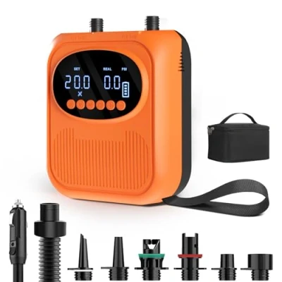 Imagen de bomba eléctrica para tabla de remo 20 PSI, SUP recargable inteligente con conector coche 12 V CC, aire inflado y desinflado apagado automático SUP, kayaks, tiendas