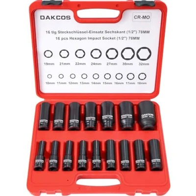 Imagen de DAKCOS 1/2&quot; Juego de 16 Llaves Vaso Impacto con 6 Caras, Acero Cr Mo, 10 32mm
