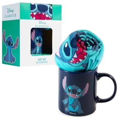 Imagen de Disney Taza Set Tazas y Calcetines Mickey Minnie Marie Aristogatos Lilo Stitch Regalos (Azul Mario Stitch)
