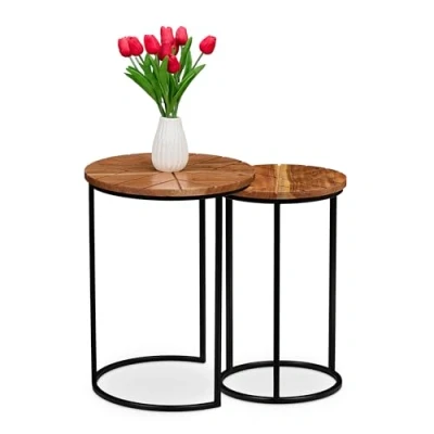 Imagen de Relaxdays Mesas Auxiliares, Set 2, Madera de Acacia, Hierro, Mesitas Redondas Salón, Pasillo, Decoración, Negro/Marrón, 52,5 x 39,5 cm