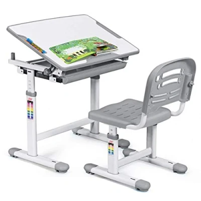 Imagen de COSTWAY Escritorio para Niños con Silla Mesa de Lectura Infantil Cajón Ángulo y Altura Ajustable (Gris)