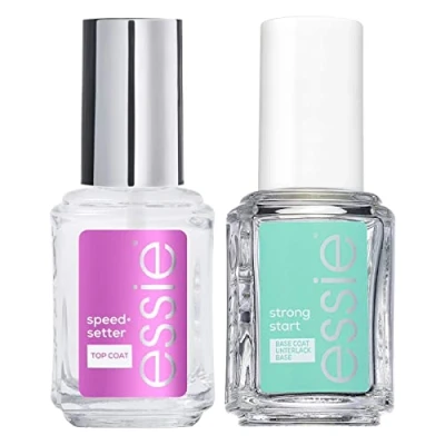 Imagen de Essie Esmalte Base Coat Endurecedor Strong Start con Biotina Color Transparente + Top Secado Rápido Acabado Brillante
