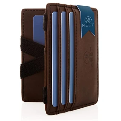 Imagen de WEST Cartera Hombre con Monedero y Empaque para Regalo Tarjetero RFID Compacto Hombres Magica Banda Resistente Dinero Antirrobo (Marrón Negro)