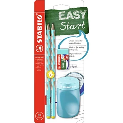 Imagen de Lápiz de grafito ergonómico fino STABILO EASYgraph S Set escolar para zurdos con 2 lápices, sacapuntas y goma borrar Cuerpo azul