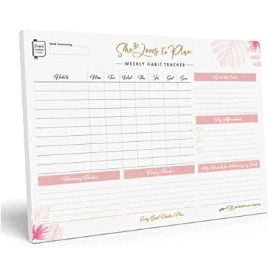 Imagen de Perfect Planner Company Bloc de escritorio semanal con seguimiento hábitos Planificador A4 sin fecha Diseño desmontable Rutina mañana y tarde Afirmaciones objetivos clave 50 páginas