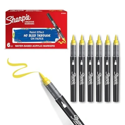 Imagen de SHARPIE Rotuladores acrílicos creativos al agua con punta de pincel Tinta sin borrones Escribe en la mayoría superficies Material escolar Amarillo 6 Piezas
