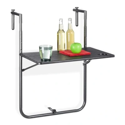Imagen de Relaxdays Mesa Plegable Balcón, 3 Alturas, Mesita Colgante Efecto Madera 59,5x36 cm, Mueble Exterior Barandilla, Negra