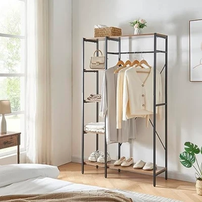 Imagen de [en.casa] Perchero Burro con 1 Barra y 5 Estantes Armario Ropero para Chaquetas Sombreros Bolsos Toallas Construcción Sólida Metal Aglomerado 170 x 100 35 cm Negro/Madera